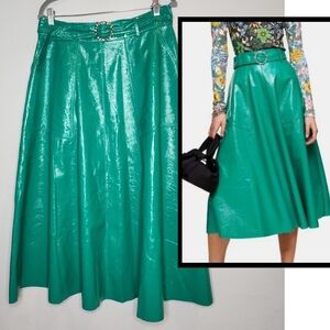 Topshop Faux Leather Vinyl Shine Green Circle Midi Skirt Pockets Belt Size 10